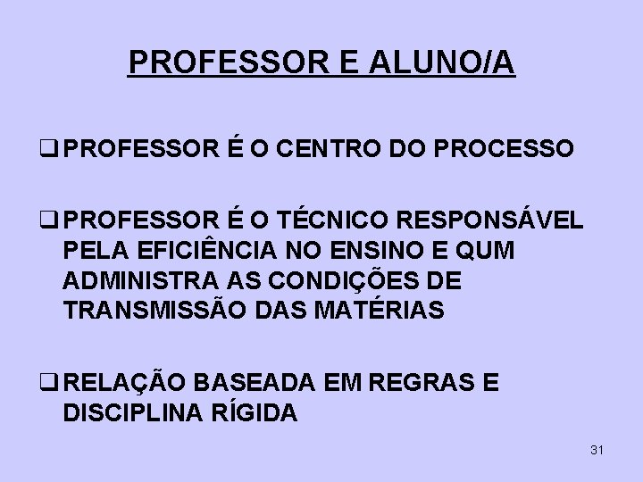 PROFESSOR E ALUNO/A q PROFESSOR É O CENTRO DO PROCESSO q PROFESSOR É O