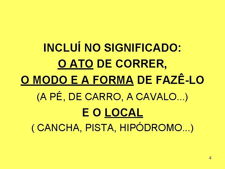 INCLUÍ NO SIGNIFICADO: O ATO DE CORRER, O MODO E A FORMA DE FAZÊ-LO