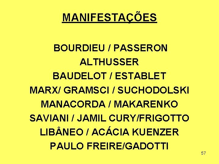 MANIFESTAÇÕES BOURDIEU / PASSERON ALTHUSSER BAUDELOT / ESTABLET MARX/ GRAMSCI / SUCHODOLSKI MANACORDA /