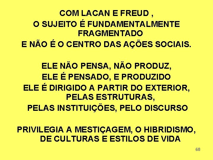 COM LACAN E FREUD , O SUJEITO É FUNDAMENTALMENTE FRAGMENTADO E NÃO É O