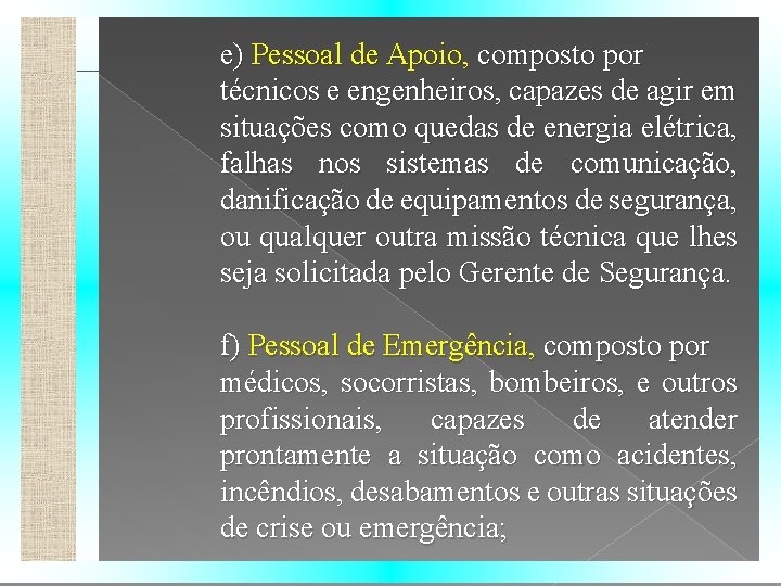 e) Pessoal de Apoio, composto por técnicos e engenheiros, capazes de agir em situações