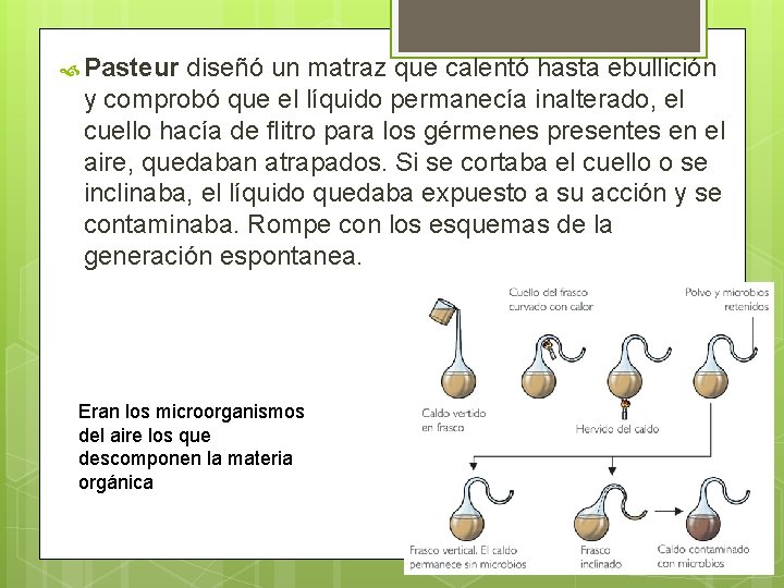  Pasteur diseñó un matraz que calentó hasta ebullición y comprobó que el líquido