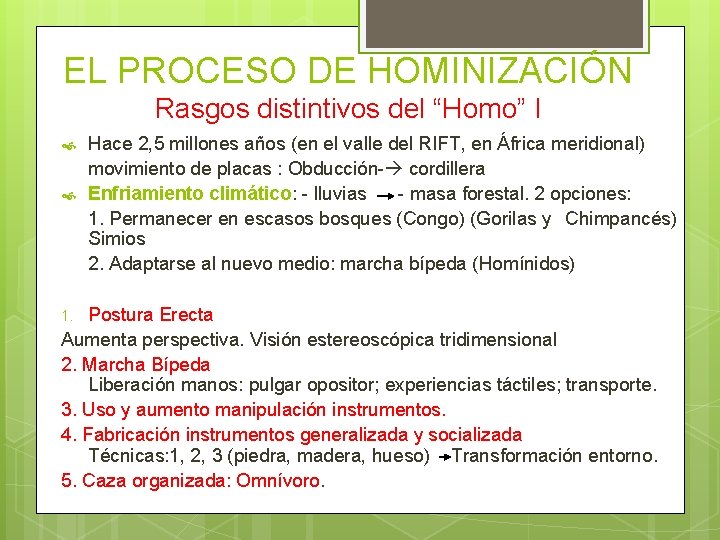 EL PROCESO DE HOMINIZACIÓN Rasgos distintivos del “Homo” I Hace 2, 5 millones años