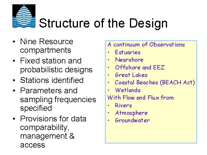 Structure of the Design • Nine Resource compartments • Fixed station and probabilistic designs