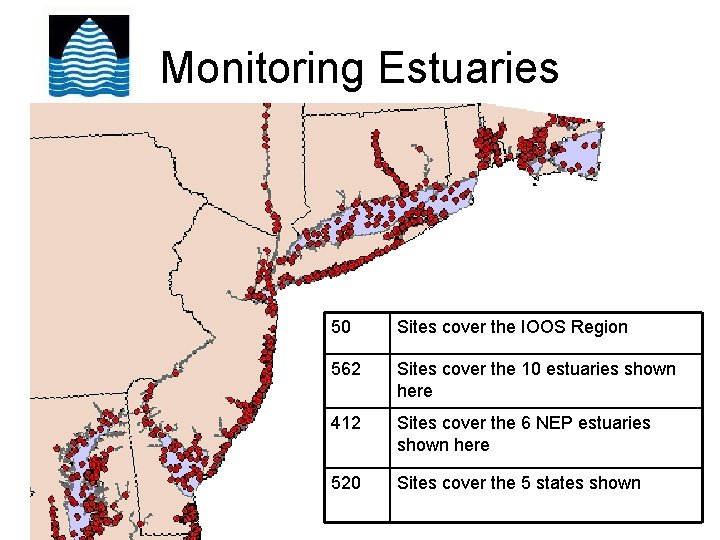 Monitoring Estuaries 50 Sites cover the IOOS Region 562 Sites cover the 10 estuaries