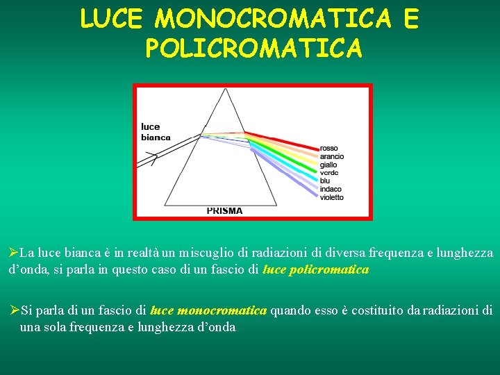 LUCE MONOCROMATICA E POLICROMATICA ØLa luce bianca è in realtà un miscuglio di radiazioni