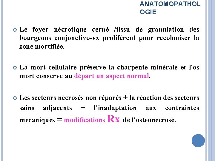 ANATOMOPATHOL OGIE Le foyer nécrotique cerné /tissu de granulation des bourgeons conjonctivo-vx prolifèrent pour