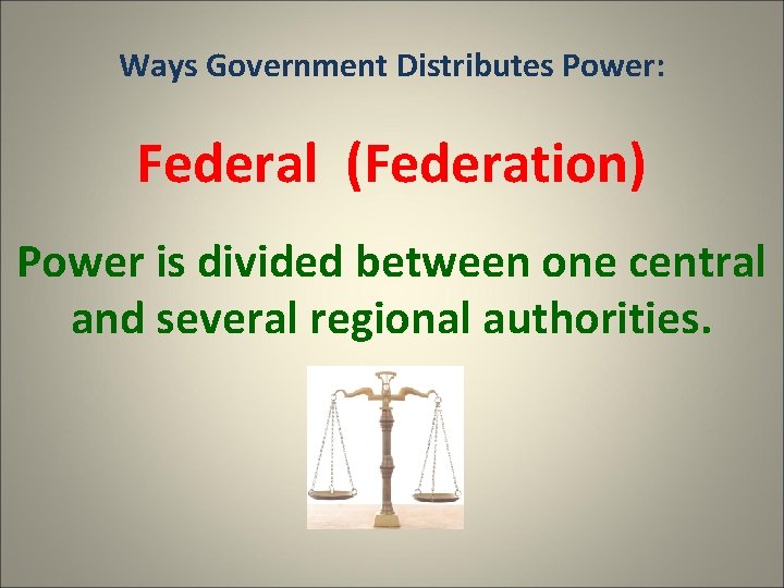 Ways Government Distributes Power: Federal (Federation) Power is divided between one central and several