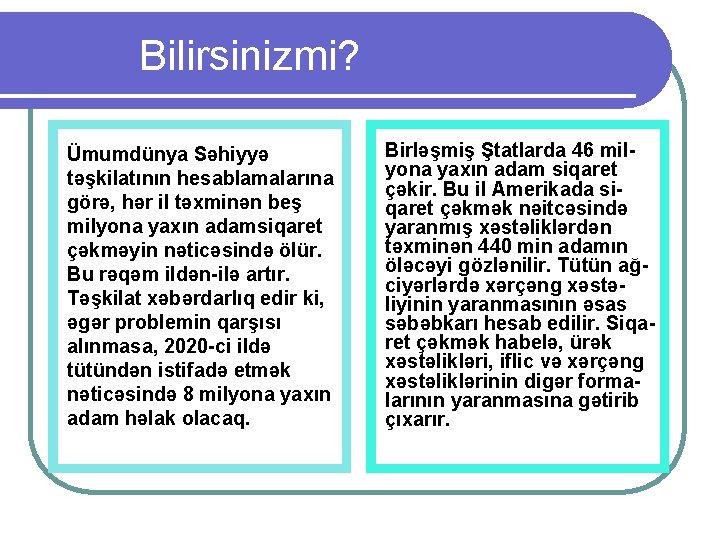 Bilirsinizmi? Ümumdünya Səhiyyə təşkilatının hesablamalarına görə, hər il təxminən beş milyona yaxın adamsiqaret çəkməyin