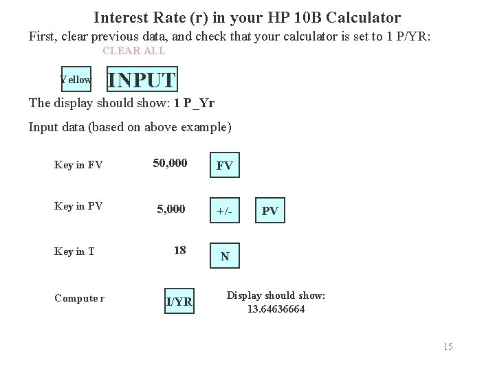 Interest Rate (r) in your HP 10 B Calculator First, clear previous data, and