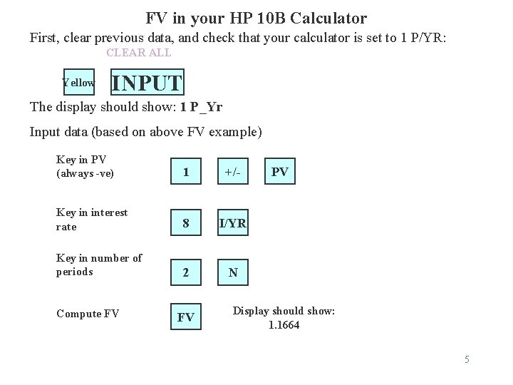 FV in your HP 10 B Calculator First, clear previous data, and check that