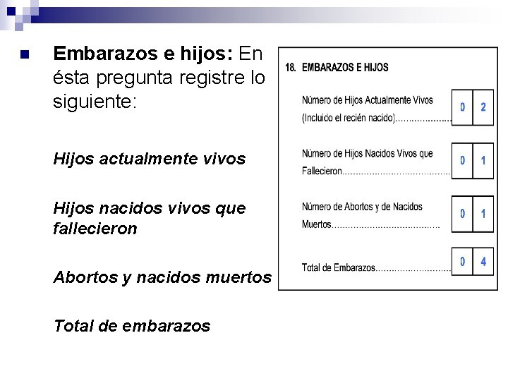 n Embarazos e hijos: En ésta pregunta registre lo siguiente: Hijos actualmente vivos Hijos