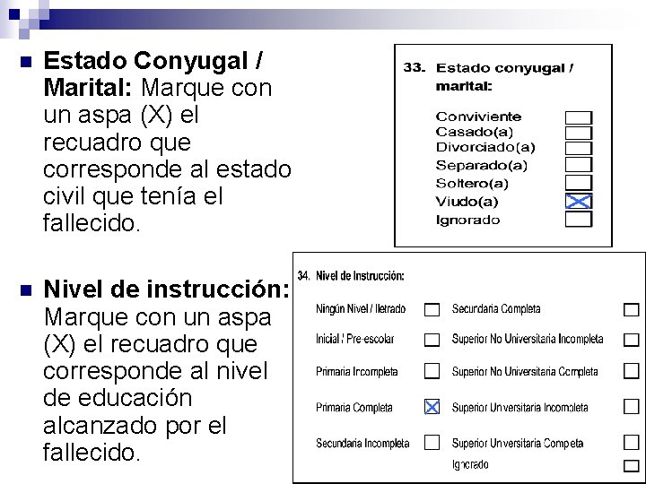 n Estado Conyugal / Marital: Marque con un aspa (X) el recuadro que corresponde