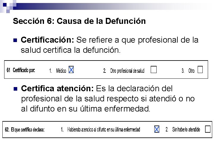 Sección 6: Causa de la Defunción n Certificación: Se refiere a que profesional de