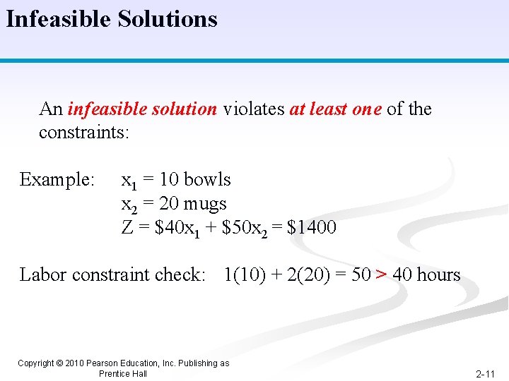 Infeasible Solutions An infeasible solution violates at least one of the constraints: Example: x