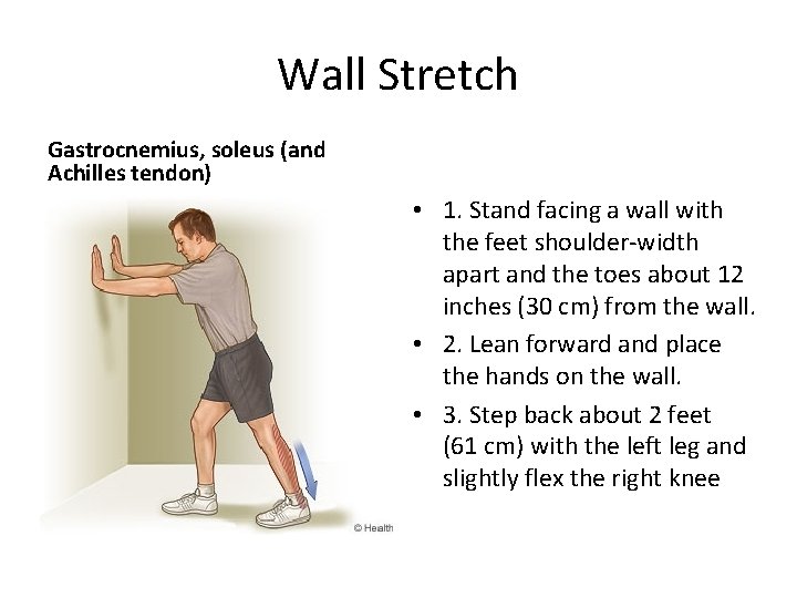 Wall Stretch Gastrocnemius, soleus (and Achilles tendon) • 1. Stand facing a wall with