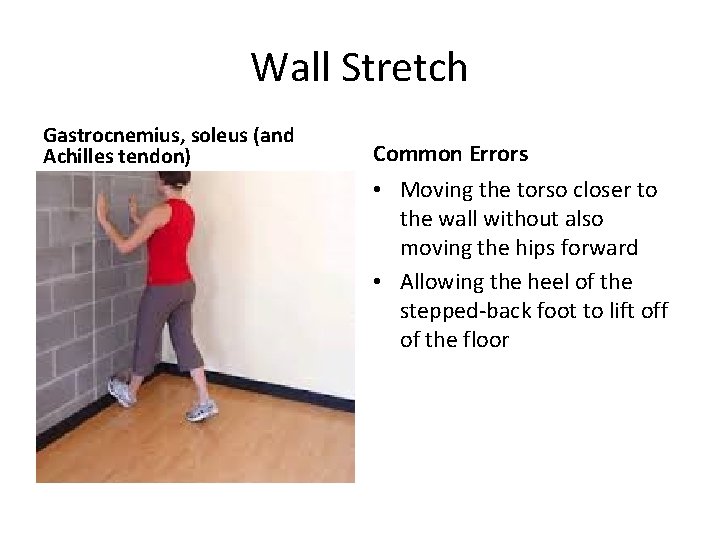 Wall Stretch Gastrocnemius, soleus (and Achilles tendon) Common Errors • Moving the torso closer