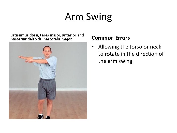 Arm Swing Latissimus dorsi, teres major, anterior and posterior deltoids, pectoralis major Common Errors