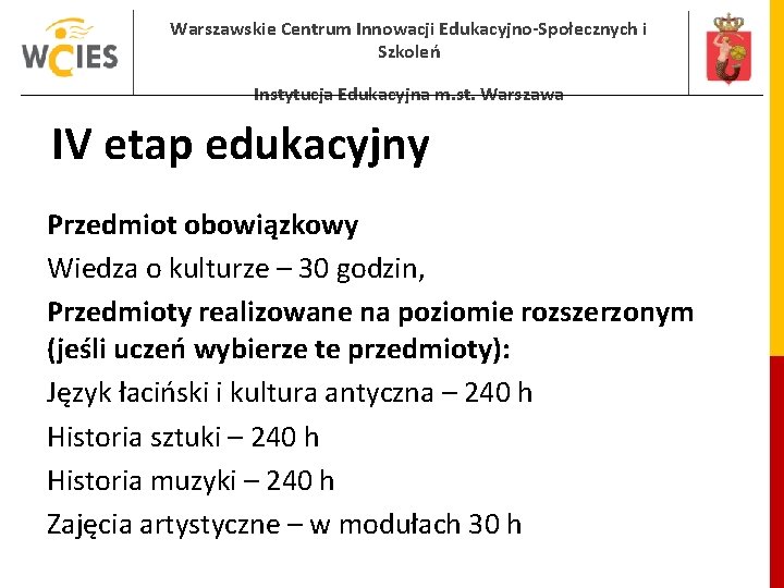 Warszawskie Centrum Innowacji Edukacyjno-Społecznych i Szkoleń Instytucja Edukacyjna m. st. Warszawa IV etap edukacyjny