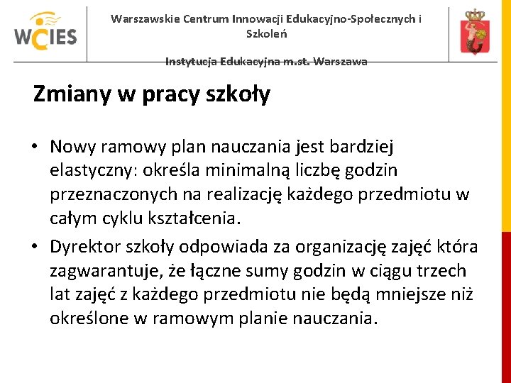 Warszawskie Centrum Innowacji Edukacyjno-Społecznych i Szkoleń Instytucja Edukacyjna m. st. Warszawa Zmiany w pracy