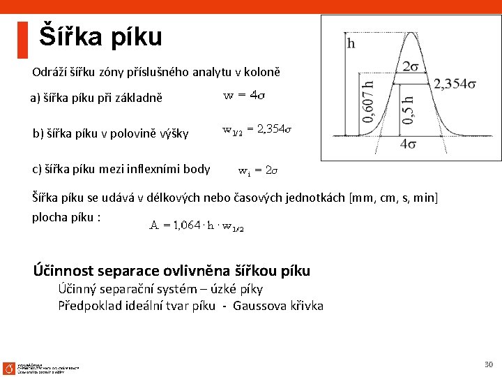  Šířka píku Odráží šířku zóny příslušného analytu v koloně a) šířka píku při