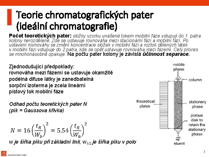 Teorie chromatografických pater (ideální chromatografie) Počet teoretických pater: složky vzorku unášené tokem mobilní fáze