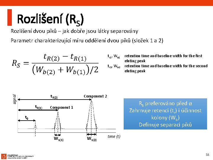 Rozlišení (RS) Rozlišení dvou píků – jak dobře jsou látky separovány Parametr charakterizující míru