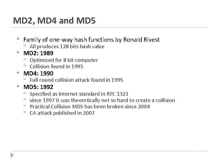 MD 2, MD 4 and MD 5 Family of one-way hash functions by Ronald