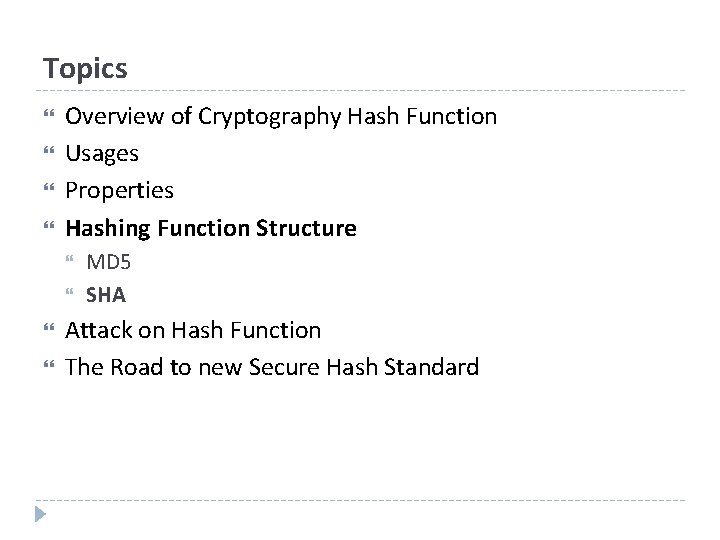 Topics Overview of Cryptography Hash Function Usages Properties Hashing Function Structure MD 5 SHA
