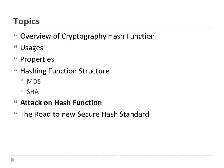 Topics Overview of Cryptography Hash Function Usages Properties Hashing Function Structure MD 5 SHA