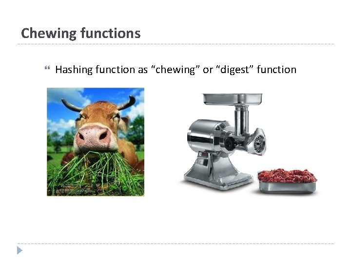 Chewing functions Hashing function as “chewing” or “digest” function 