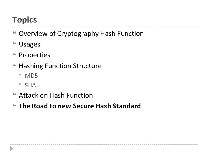 Topics Overview of Cryptography Hash Function Usages Properties Hashing Function Structure MD 5 SHA