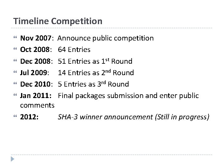 Timeline Competition Nov 2007: Oct 2008: Dec 2008: Jul 2009: Dec 2010: Jan 2011: