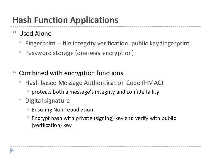 Hash Function Applications Used Alone Fingerprint -- file integrity verification, public key fingerprint Password