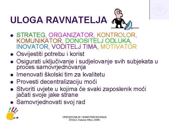 ULOGA RAVNATELJA l l l l STRATEG, ORGANIZATOR, KONTROLOR, KOMUNIKATOR, DONOSITELJ ODLUKA, INOVATOR, VODITELJ