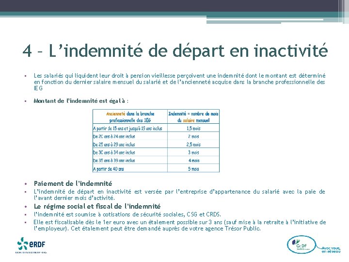 4 – L’indemnité de départ en inactivité • Les salariés qui liquident leur droit