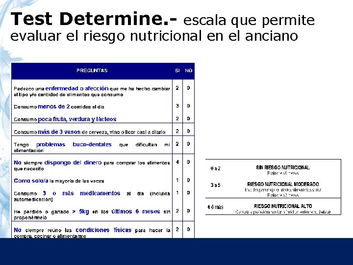 Test Determine. - escala que permite evaluar el riesgo nutricional en el anciano 