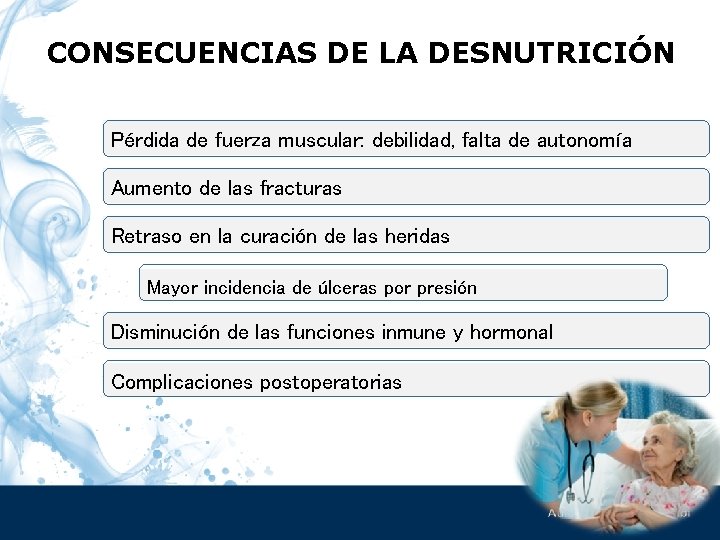 CONSECUENCIAS DE LA DESNUTRICIÓN Pérdida de fuerza muscular: debilidad, falta de autonomía Aumento de