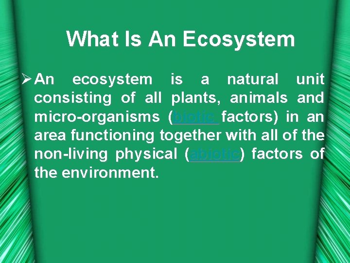 What Is An Ecosystem Ø An ecosystem is a natural unit consisting of all