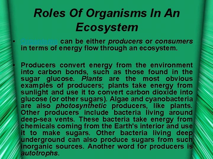 Roles Of Organisms In An Ecosystem • Organisms can be either producers or consumers