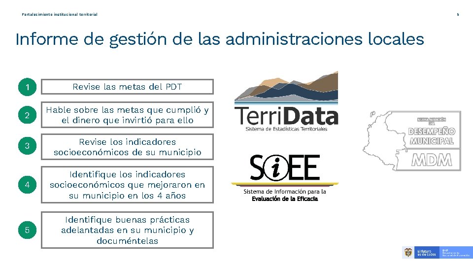 Fortalecimiento institucional territorial Informe de gestión de las administraciones locales 1 Revise las metas