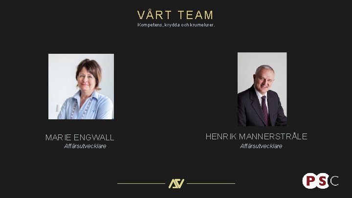 VÅRT TEAM Kompetens, krydda och krumelurer. MARIE ENGWALL Affärsutvecklare HENRIK MANNERSTRÅLE Affärsutvecklare 