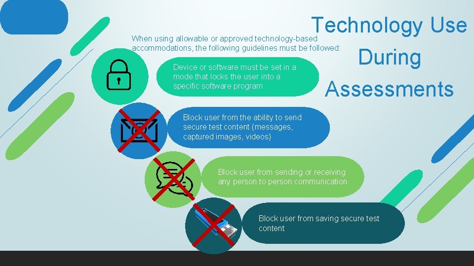 Technology Use During Assessments When using allowable or approved technology-based accommodations, the following guidelines