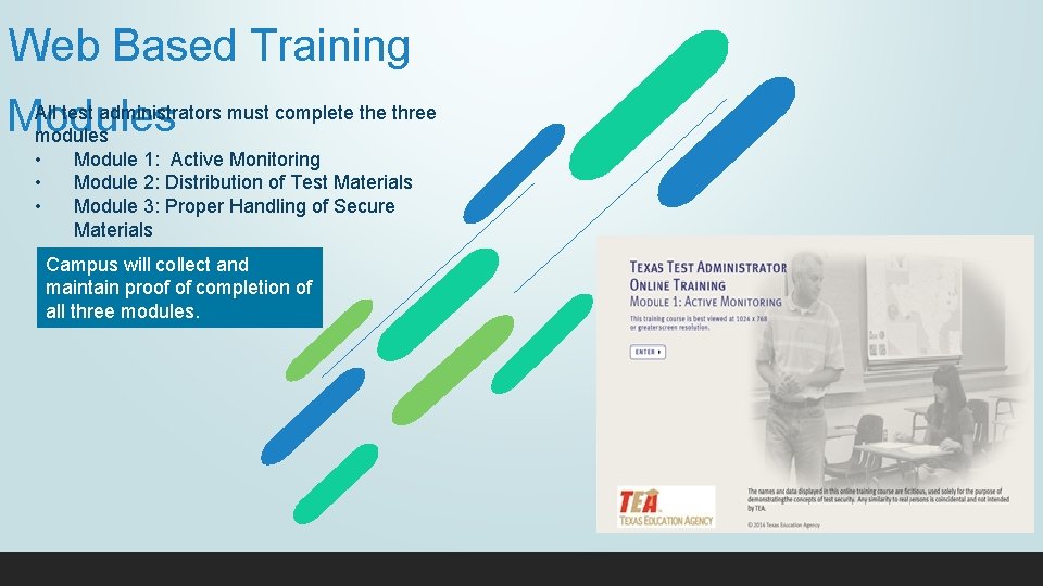 Web Based Training All test administrators must complete three Modules modules • • •