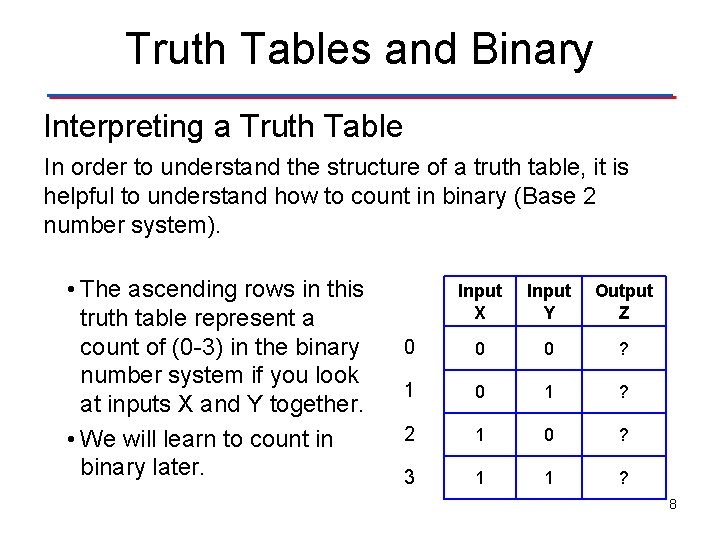 Truth Tables and Binary Interpreting a Truth Table In order to understand the structure Truth Tables and Binary Interpreting a Truth Table In order to understand the structure