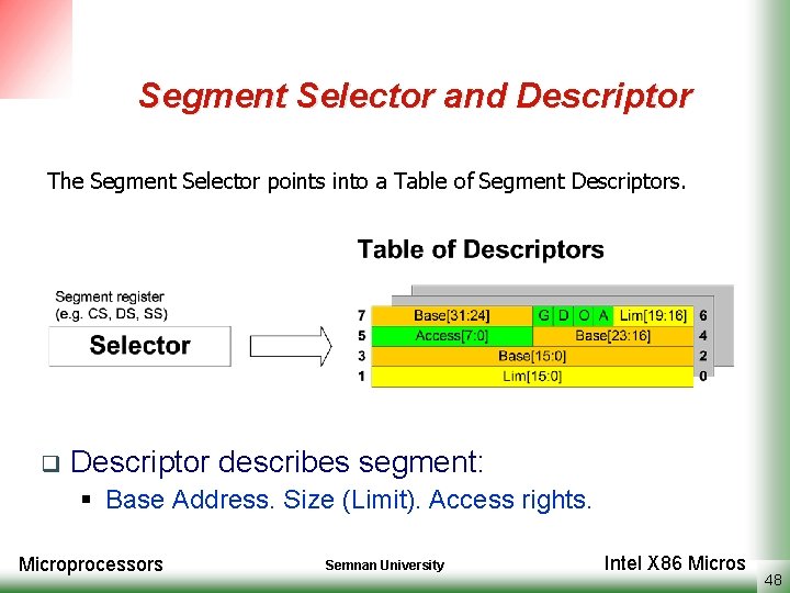 Segment Selector and Descriptor The Segment Selector points into a Table of Segment Descriptors.