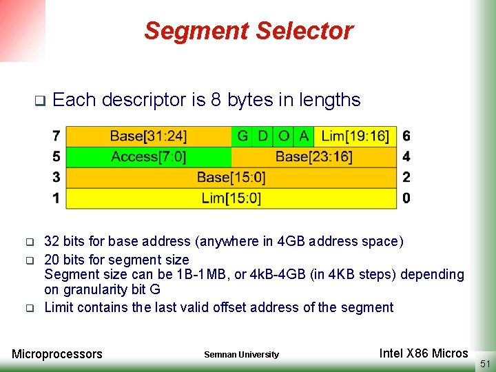 Segment Selector q q Each descriptor is 8 bytes in lengths 32 bits for