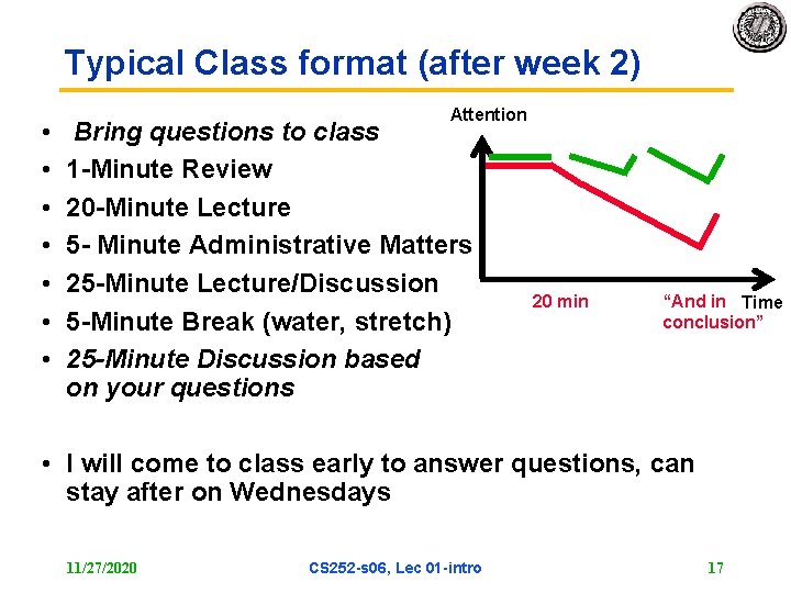 Typical Class format (after week 2) • • Attention Bring questions to class 1