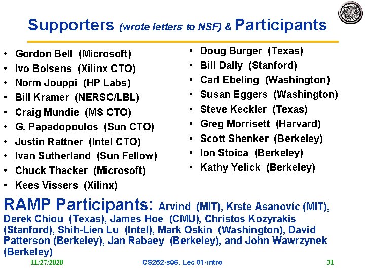 Supporters (wrote letters to NSF) & Participants • • • Gordon Bell (Microsoft) Ivo