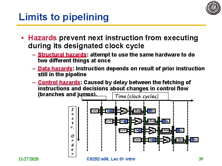 Limits to pipelining • Hazards prevent next instruction from executing during its designated clock